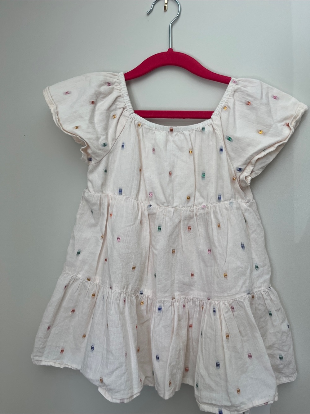 GAP White Cotton Tiered Dress with Multicolor Dot Embroidery